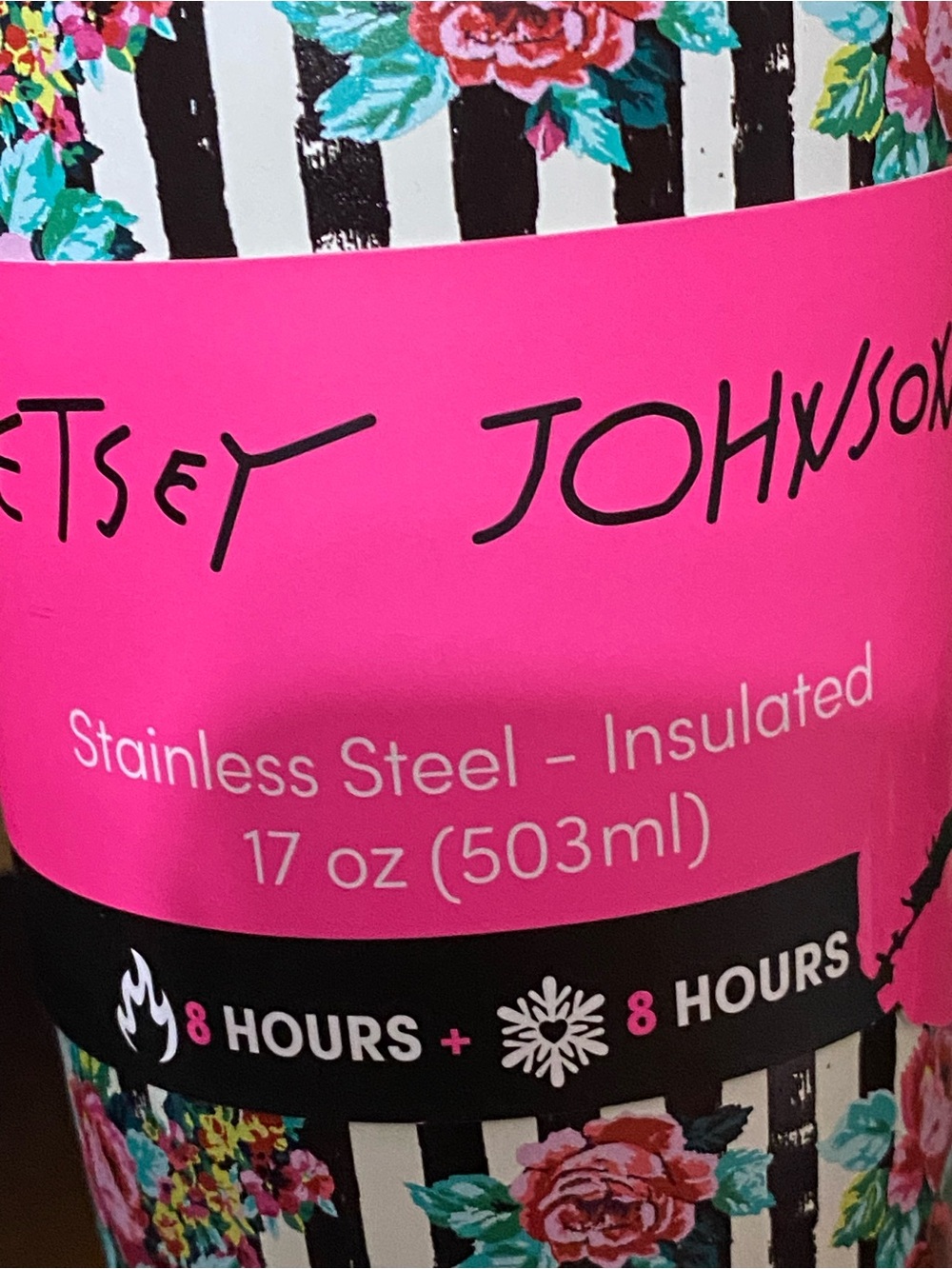 Betsey Johnson Black & White Striped Floral Tumbler with Hot Pink Logo - Picture 5 of 10